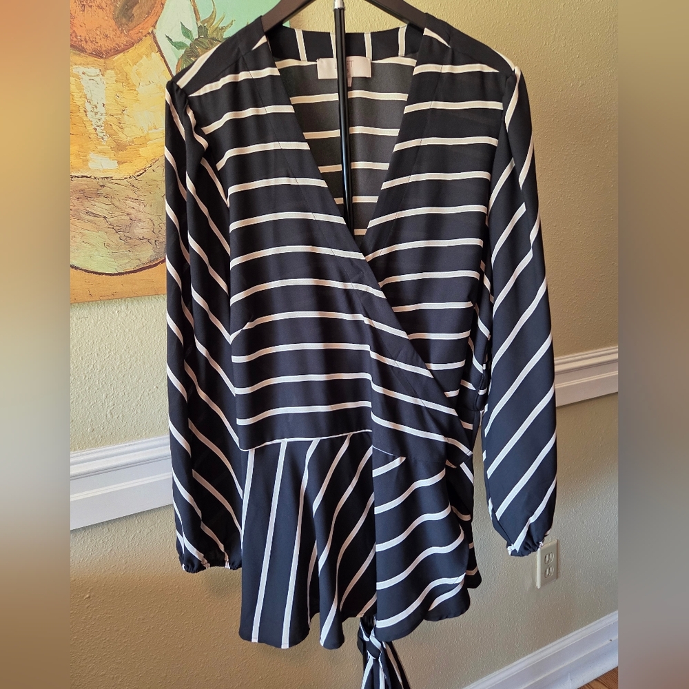 LOFT Plus Black and Beige Striped Wrap Blouse- Size 20